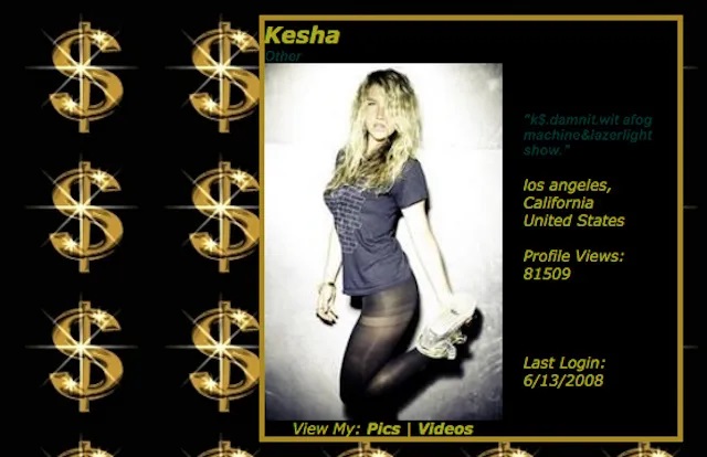 Screenshot kako je izgledao MySpace profil poznate pevačice Kesha