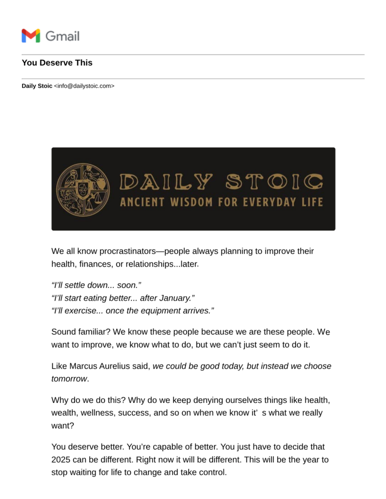 Slika newsletter mejla koji stiže svakodnevno - dailystoic